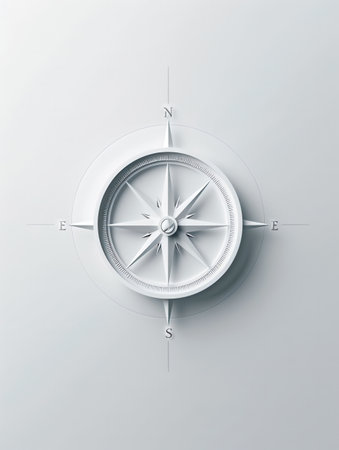 A simple, white compass on a plain white background. The compass features clear lines and a minimalist design, perfect for navigation apps and travel services.の素材