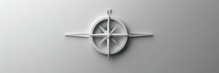 A minimalist illustration of a compass with a white design on a white background. The image emphasizes the simple lines and symbolic nature of navigation.の素材