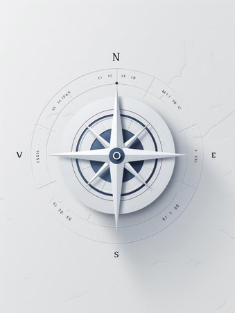 A minimalist compass with clear lines on a white background, ideal for navigation apps and travel services.の素材