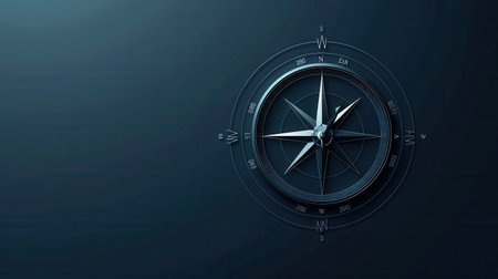 A clean and modern image of a compass against a blue background. The compass features clear lines and a simple design, ideal for navigation apps and travel services.の素材