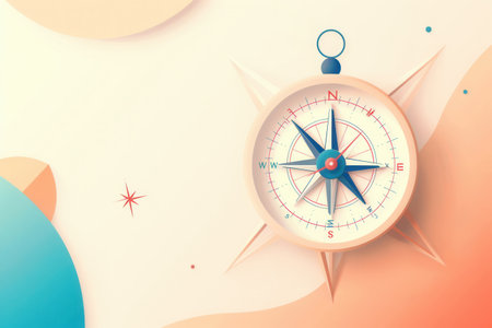 A minimalist illustration of a compass with clear lines on a white background. Perfect for navigation apps and travel services.の素材