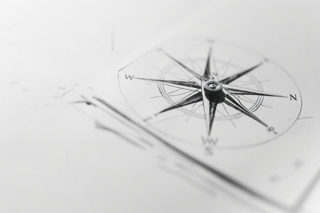 A close-up image of a compass illustration, featuring clear lines and a simple design. Perfect for navigation apps and travel services.の素材