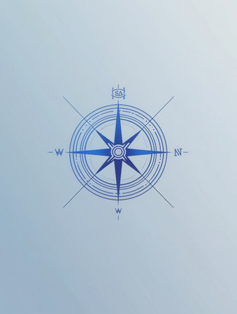 A minimalist illustration of a compass with clear lines on a light blue background. Ideal for navigation apps and travel services.の素材