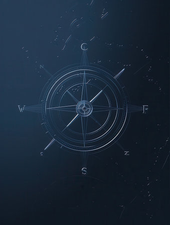 Minimalist compass illustration on dark blue bg for navigation apps or travel services. Great for projects needing symbolic direction/guidance.の素材