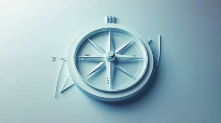 A minimalist compass design featuring a white compass rose on a light blue background. Ideal for navigation apps and travel services.の素材