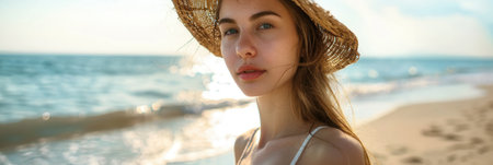 A young woman with long brown hair and a straw hat smiles at the camera while standing on a sandy beach on a sunny summer day.の素材