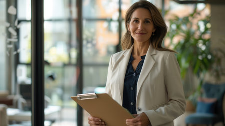 A professional middle-aged businesswoman stands in her office holding a clipboard and smiling at the camera. She is wearing a white blazer and a dark blue shirt.の素材