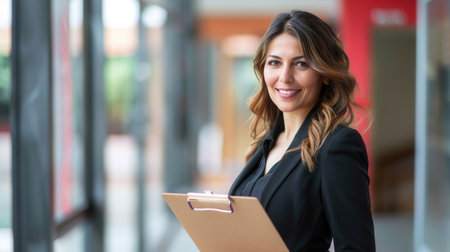 A smiling, middle-aged businesswoman in a suit stands in an office and holds a clipboard.の素材