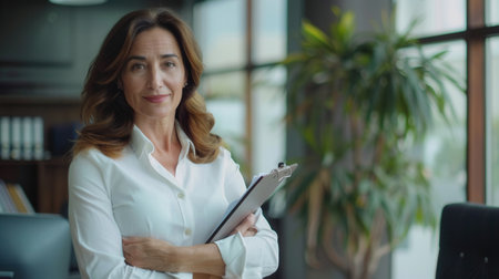A confident, middle-aged businesswoman stands in her office, holding a clipboard and smiling at the camera.の素材