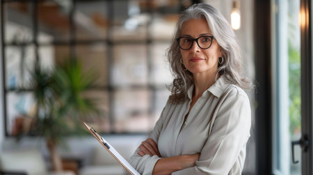A happy, mature businesswoman stands in an office, holding a clipboard and looking at the camera.の素材