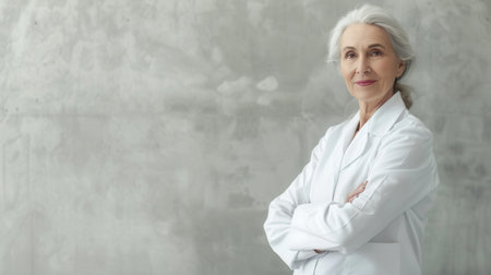 Elderly female doctor smiles in front of gray wall, wearing a white coat with arms crossed.の素材
