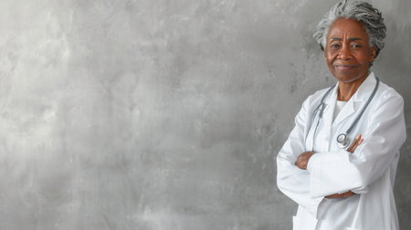 An elderly female doctor in a white coat stands in front of a gray wall, smiling and looking at the camera. Her gray hair is pulled back and her arms are crossed.の素材
