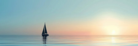 A minimalist silhouette of a sailboat gracefully navigating calm waters at sunset.の素材