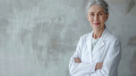 Elderly female doctor in lab coat smiles at camera against gray wall. Gray hair pulled back, arms crossed.の素材