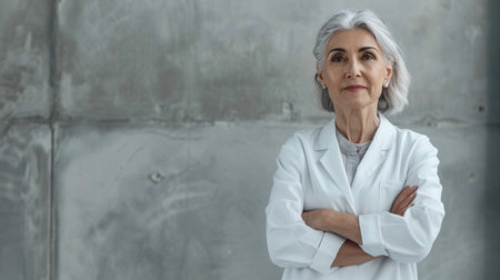 An elderly female doctor with gray hair pulled back in a white coat stands with her arms crossed in front of a light gray concrete wall. She smiles at the camera.の素材