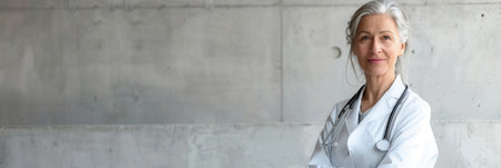An elderly female doctor in a white lab coat stands in front of a light gray concrete wall. She is smiling and looking at the camera.の素材