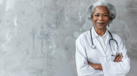 A smiling elderly female doctor stands against a light gray concrete wall. She is wearing a white lab coat and has her arms crossed.の素材