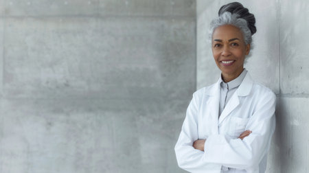 An elderly female doctor wearing a white coat stands against a light gray wall, smiling and looking at the camera.の素材