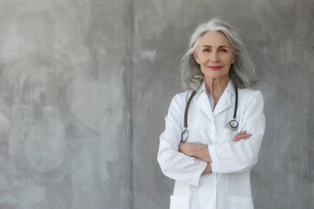 Portrait of a smiling, elderly female doctor standing against a gray wall, arms crossed, wearing a white coat and stethoscope.の素材