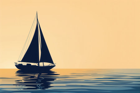 A minimalistic silhouette of a sailboat gracefully sailing on calm waters against a soft sunset sky.の素材