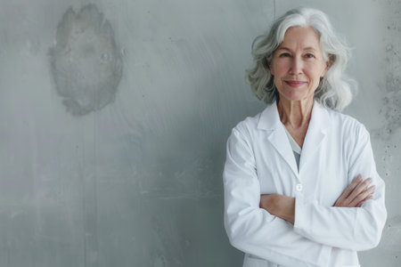 An elderly female doctor stands in front of a light gray concrete wall, her arms crossed and a smile on her face as she looks at the camera.の素材