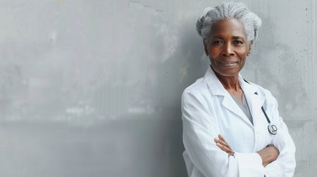 A smiling, elderly female doctor wearing a white coat stands against a gray wall, her arms crossed and her stethoscope visible.の素材