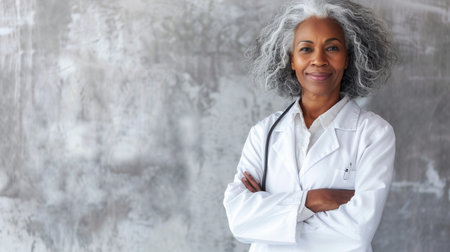 Portrait of an elderly female doctor in a white coat, smiling and looking at the camera. She stands against a light gray concrete wall with her arms crossed.の素材