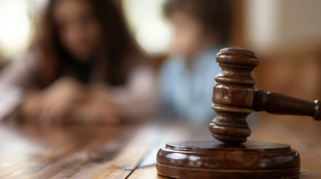 A wooden judges gavel sits on a table with a blurred child in the background, representing the concept of child custody in legal proceedings.の素材