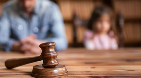 A wooden judges gavel sits on a table in a courtroom with a child blurred in the background.の素材