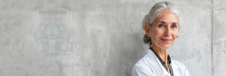 An elderly female doctor, wearing a white lab coat, stands in front of a light gray concrete wall. She smiles warmly at the camera with her gray hair pulled back.の素材