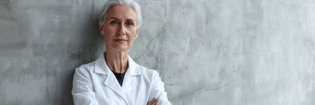 A smiling, elderly female doctor in a white coat stands against a light gray concrete wall. Her gray hair is pulled back, and she is looking directly at the camera.の素材