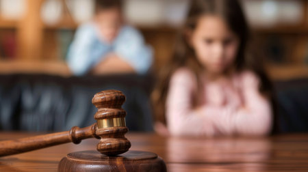 A wooden judges gavel sits on a table with a blurred child in the background. The image represents the concept of child custody.の素材
