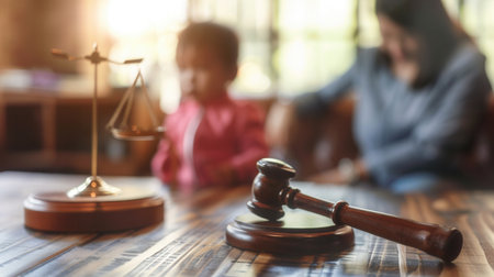 A close up of a judges gavel with a blurred child in the background, suggesting the concept of child custody disputes in a courtroom setting.の素材