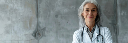 An elderly female doctor with gray hair pulled back smiles warmly at the camera while standing in front of a light gray concrete background.の素材