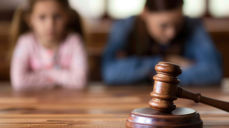 A wooden gavel sits on a wooden table, with two blurred children in the background. This image symbolizes the legal process and the impact of decisions on families.の素材