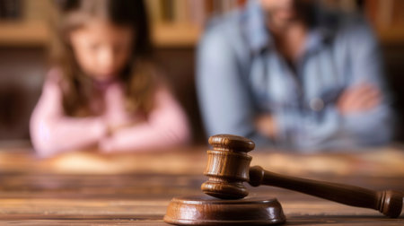 A wooden judges gavel sits on a table with a blurred child in the background, suggesting the concept of child custody.の素材