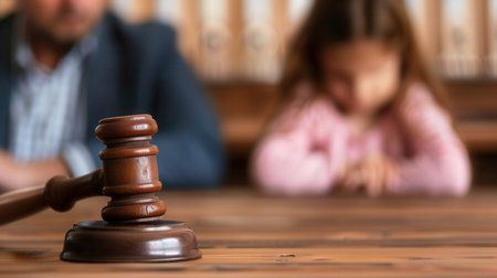 A close-up of a judges gavel sits on a wooden table with a blurred child in the background. The image suggests a child custody hearing.の素材