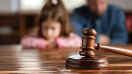 A wooden judges gavel sits on a table with a blurred child and adult in the background.の素材