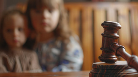 A wooden judges gavel is in focus, while two children are blurred in the background. This image could represent a legal battle for child custody.の素材