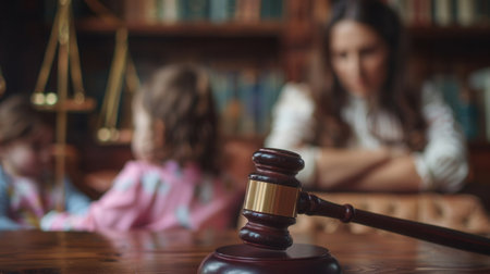 A wooden gavel sits on a table with blurred images of children in the background, symbolizing the legal process of child custody.の素材
