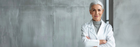 An elderly female doctor in a white lab coat stands in front of a light gray concrete wall, smiling and looking at the camera.の素材