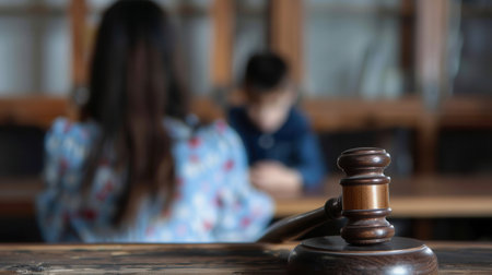 A close-up image of a judges gavel with a blurred child in the background, representing the complexities of child custody cases.の素材