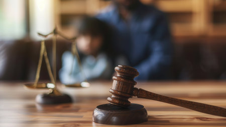 A wooden gavel rests on a wooden surface, with a scale of justice blurred in the background, and a child in the distance. The scene alludes to child custody legal proceedings.の素材