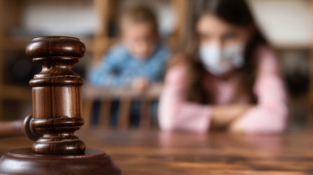 A wooden judges gavel sits on a table, with a blurred child in the background, highlighting the concept of child custody proceedings.の素材