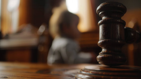 A close-up image of a wooden judges gavel, with a blurred child in the background.の素材