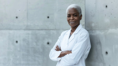 A smiling elderly female doctor wearing a white lab coat stands against a light gray concrete wall. Her gray hair is pulled back, and she has her arms crossed.の素材