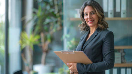 A happy, mature female executive stands in an office setting, holding a clipboard and looking directly at the camera.の素材