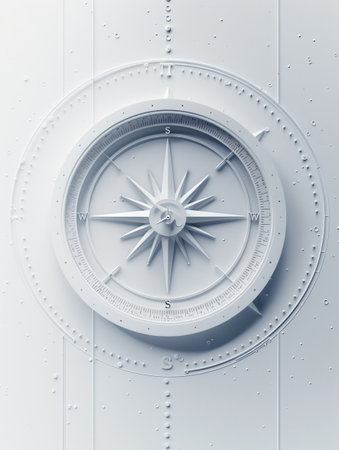A simple and symbolic image of a compass featuring clear lines against a white background, ideal for navigation apps and travel services.の素材