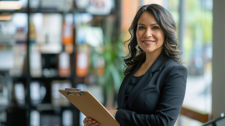A happy, mature female executive stands in her office, holding a clipboard and looking directly at the camera. She is dressed professionally in a black suit jacket.の素材