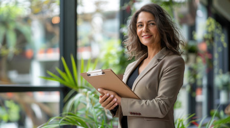 A happy, mature businesswoman stands confidently in her office holding a clipboard, looking directly at the camera.の素材